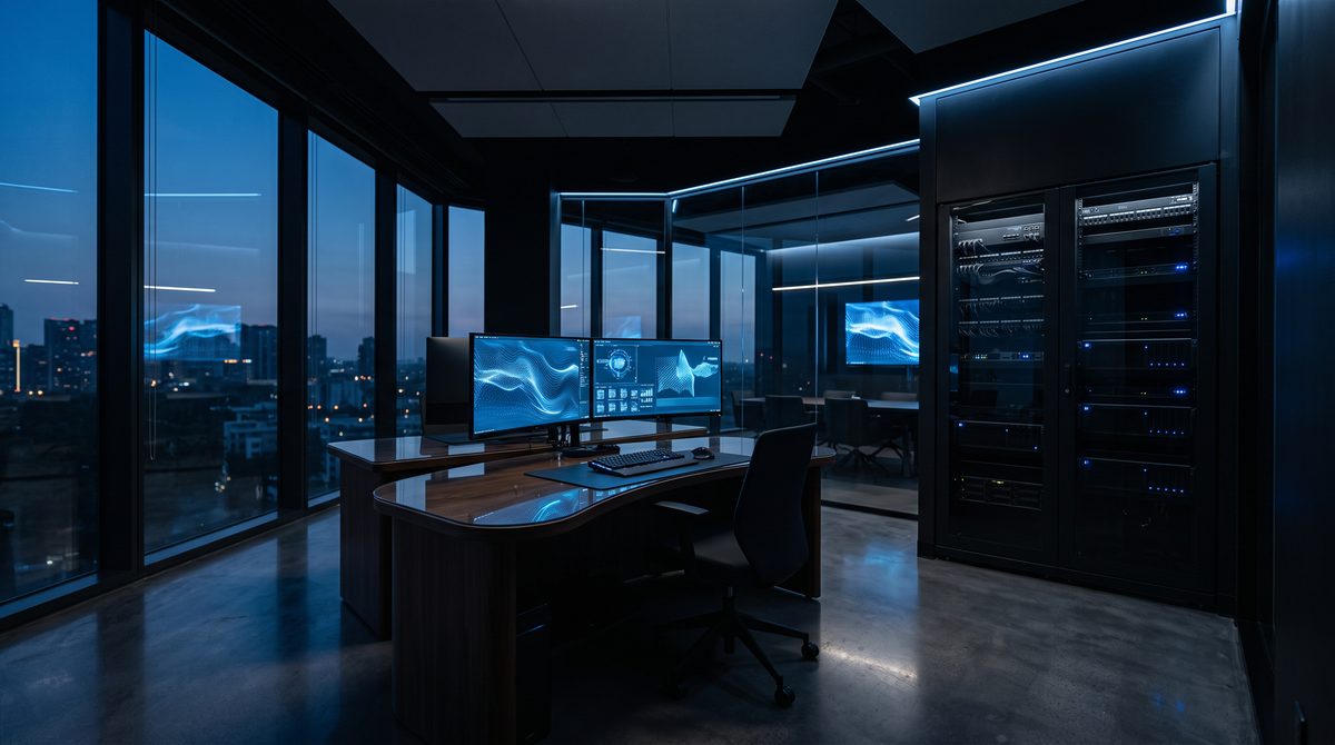Büro- und Serverraum bei Nacht mit beleuchteten Monitoren